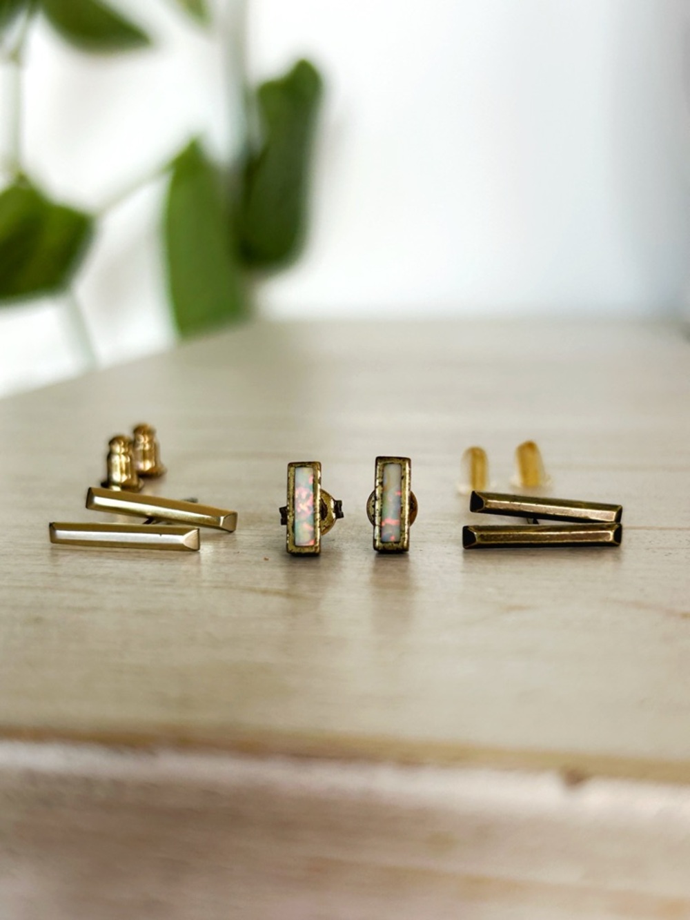 Set of Three Kendra Scott Gold and Brass Opal Stud Bar Earrings